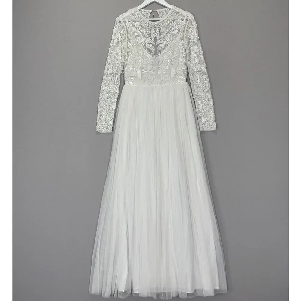 ASOS Bridal Elizabeth Long Sleeve Wedding Dress Womens 8 White Beaded Tulle Gown - Picture 1 of 14